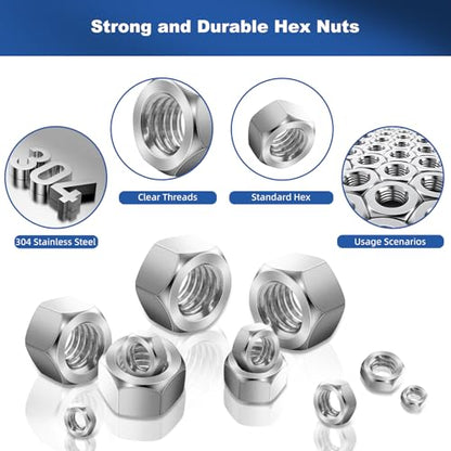 240pcs SAE Hex Nuts Assortment Kit, 4#-40 6#-32 8#-32 10#-24 10#-32 1/4"-20 5/16"-18 3/8"-16 1/2"-13, 304 Stainless Steel 18-8, Hex Hexagonal Nuts, External Hex Nut Set - size: SAE Kit: 2#-56 to 1/2-13
