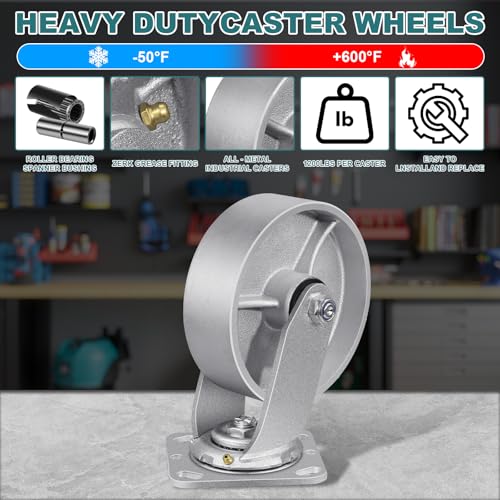6" X 2" Caster Wheels, Heavy Duty Industrial Casters, Steel Casters 1200 LBS Capacity with Roller Bearing, Cast Iron Wheels, Metal Casters(1 Swivel) - style: 6"X 2"Wheel
