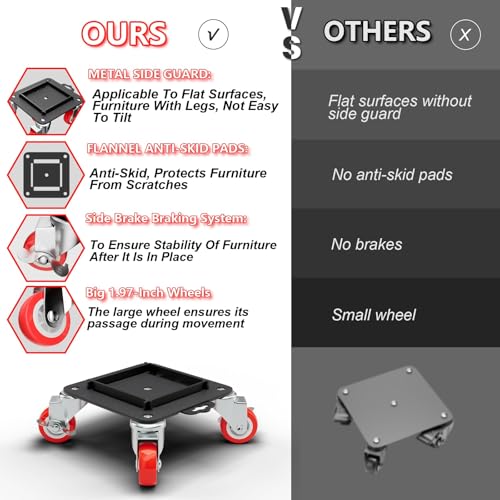 MYUEA Furniture Dolly 5 Wheels Heavy Duty with Removable Side Guards,3307 Lbs Capacity,360° Rotating Wheels & Side Brake,Furniture Movers Lifter Tool with Wheels for Appliances,Sofas,Beds,Pianos - color: Red, size: 1.97 in wheels