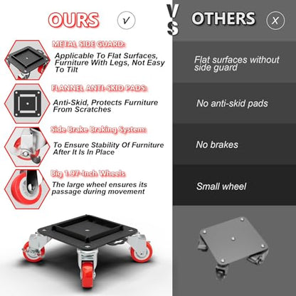 MYUEA Furniture Dolly 5 Wheels Heavy Duty with Removable Side Guards,3307 Lbs Capacity,360° Rotating Wheels & Side Brake,Furniture Movers Lifter Tool with Wheels for Appliances,Sofas,Beds,Pianos - color: Red, size: 1.97 in wheels