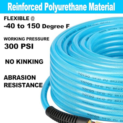 YOTOO Reinforced Polyurethane Air Hose 1/4" Inner Diameter by 25' Long, Flexible, Heavy Duty Air Compressor Hose with Bend Restrictor, 1/4" Swivel Industrial Quick Coupler and Plug, Blue - size: 25 FT