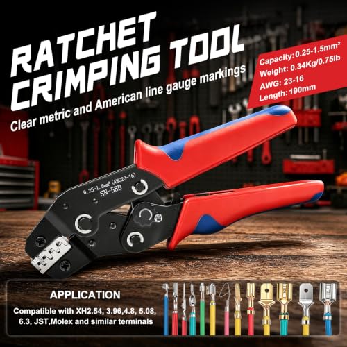 smseace 24-16 AWG Wire Crimping Tool, Ratchet Crimper Tool for Open Barrel Terminal Connectors,Electrical Terminal Crimper - color: Red