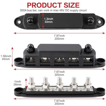 300A Bus Bar 5 Post 12V-48V Battery Terminal Power Distribution Block - color: M10(3/8")