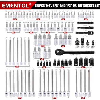 EMENTOL 115-Piece Master Torx & Allen Bit Socket Set, 1/4" 3/8" 1/2" Drive