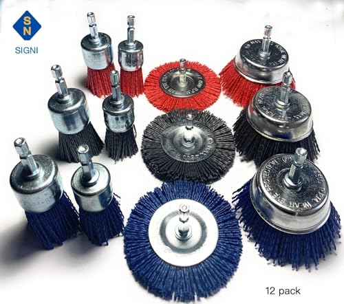 Signi 12 Pack Nylon Bristle Filament Abrasive Brush Drill Wheel and Cup Brush Set with 1/4 Inch Shank, Surface prep Remove Rust/Corrosion/Paint (2.5" Wheel, Hex Shank) - style: 2.5" wheel