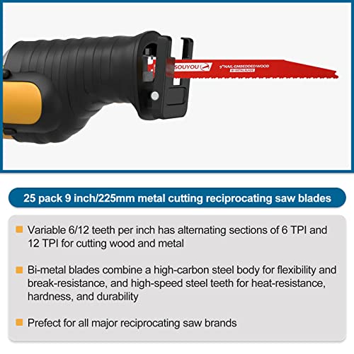 25 Pack 9 Inch 6/12 Tpi Reciprocating Saw Blades Bi-Metal with Coating Stud and Reciprocating Saw Blades for Cutting Embedded Wood Metals PVC Pallets etc. - size: 9in 25Pack, style: 6/12 Tpi