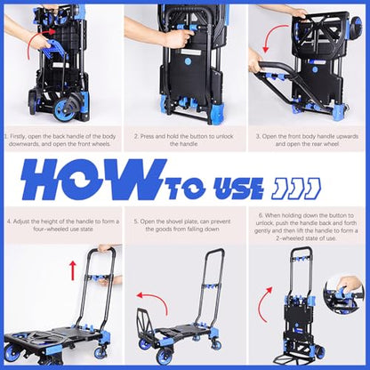 Folding Hand Truck, 2 in 1 Portable Heavy Duty Carrying Moving Dolly Cart with 4 Foldable Wheels and Retractable Handle Duty 330lbs (Blue) - color: Blue-c