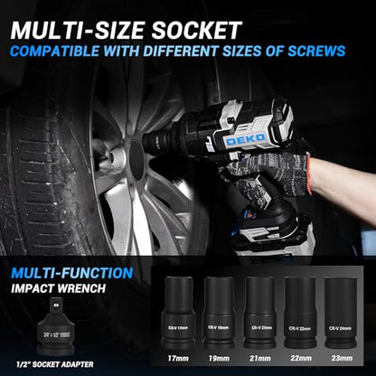 DEKOPRO Cordless Impact Wrench 20V 3/4" High Torque Power Electric Impact Gun with 5 Sockets 2 Batteries, 1300Ft-lbs(1800N.m) for Vehicle Assembly, Equipment Maintenance, Building Construction