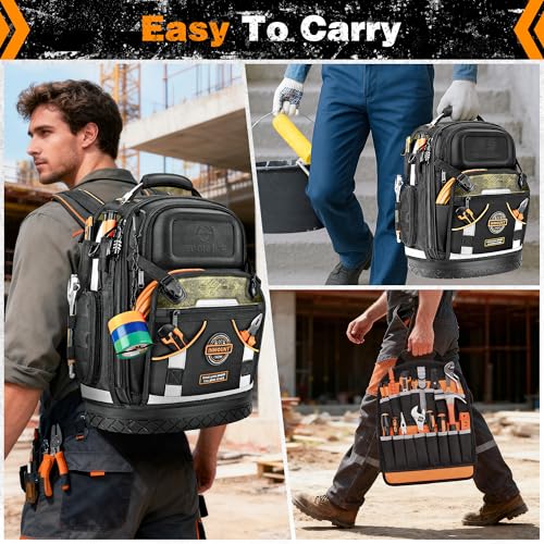 Tool Backpack Bag, Electrician Tool Bag 78-Pockets & Loops Tools Bag HVAC Tool Bags for Men, Heavy Duty Storage Construction tools Backpack (style1+4pcs) - color: Black-4PCS