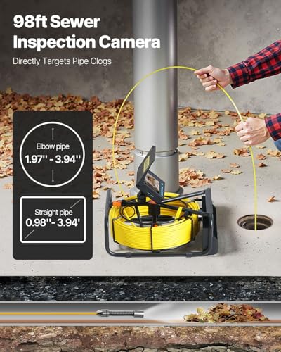 VEVOR Sewer Camera, 98.4 ft/30 m, 4.3" Pipe Drain Inspection Camera with DVR Function and LED Lights, Waterproof IP68 Borescope, Industrial Endoscope for Home Wall Duct Drain Pipe Plumbing - size: 98ft/30m, style: 4.3'' Screen with DVR Function