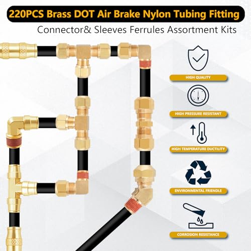 220Pcs Brass DOT Air Line Fittings Push Lock Air Fittings & Air Nylon Tube Compression Fittings Kits,1/4" 1/8" 3/8" 1/2" NPT Push To Connect Fittings Quick Connect Air Hose Fittings Assortment