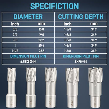 11Pcs TCT Carbide Tipped Annular Cutter Set 1-3/8" Depth 7/16" to 1-1/16" - size: 7/16"-1-1/16" 11PCS, style: TCT 1-3/8" Cutting Depth