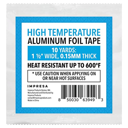 Impresa High Temperature Aluminum Foil Tape - 30 ft x 1.5 in, 0.15 mm Thick, Silver - Heat Resistant Sealing & High Heat Tape - Waterproof & Extra Thick Ductwork Sealer