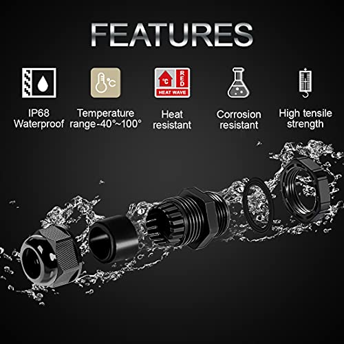 LeMotech 100 Pack NPT 1/2" Cable Glands Waterproof Adjustable 6-12mm Cable Connectors Black Nylon Joints with Gaskets - color: Black, size: 1/2inch 100-pack