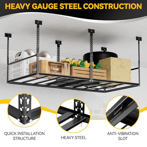 4x8 Ft Overhead Garage Storage Rack, 28-41 inch Height Adjustable Ceiling Mounted Organization Rack, 750 lbs Weight Capacity, 48"x96" Metal Rack for Garage Storage with Hanging Rods - size: 4x8ft w/ 8 Support Bars