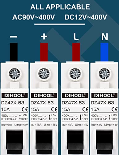 DIHOOL AC/DC Miniature Circuit Breakers, 2 Pack, Single Pole 15 Amp, 12V 24V 48V 400V, Non Polarized, Solar Disconnect Switch, DIN Rail Mount, RV Battery Isolator, PV Array MCB, Thermal Magnetic Trip