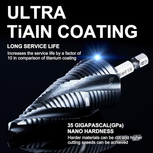 GRENPRO M35 Cobalt Step Drill Bit, 1/4"-1-1/8", TiAlN, 1/4" Hex Shank - size: 1/4"-1-1/8"