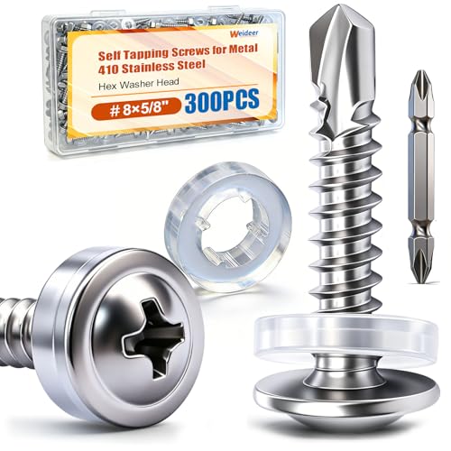 weideer 300pcs #8×5/8" Self Tapping Screws for Metal, 410 Stainless Steel Metal Screw, Truss Head Sheet Metal Screws with Washer, Screwdriver Bit K-158-W-16mm - size: SV 300PCS ＃8×5/8"