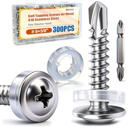 weideer 300pcs #8×5/8" Self Tapping Screws for Metal, 410 Stainless Steel Metal Screw, Truss Head Sheet Metal Screws with Washer, Screwdriver Bit K-158-W-16mm - size: SV 300PCS ＃8×5/8"