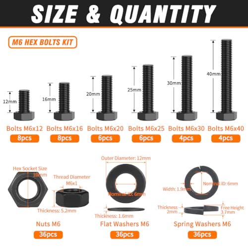 12.9 Grade Bolts and Nuts Assortment, 144pcs M6 Hex Bolt Nut Washers Kit - size: M6 Kits