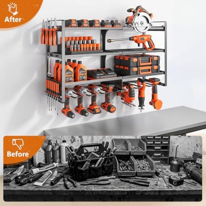 Large Power Tool Organizer Wall Mount,4 Layer Heavy Duty Metal Tool Storage Rack Loads 300lbs with 8 Cordless Drill Holder, Utility Rack Loads, Garage Storage, Gift for Men