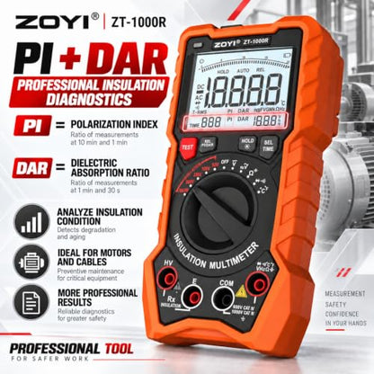 ZOYI ZT-1000R 2 in 1 Megohmmeter Multimeter, 50V/100V/250V/500V/1000V 5 Gear with DAR&PI, Insulation Resistance up to 20GΩ, 19999 Counts Auto Range T-RMS, V,Ω,C,FREQ,Temp, Diode,Continuity Tester