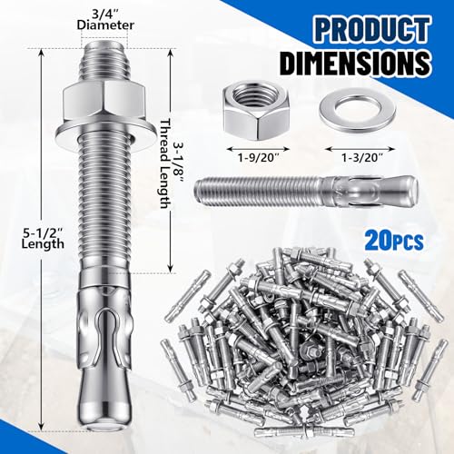 Moxweyeni 20 Pcs 3/4" X 5-1/2" Zinc Plated Wedge Anchors for Concrete - size: 3/4" X 5-1/2"