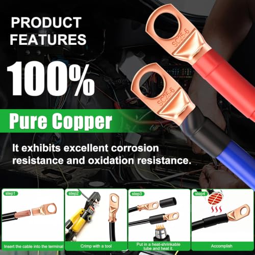 Twidec/30PCS AWG 4 Copper Wire Lugs Battery Cable Ends SC25-6,Ring Terminals Connectors,Copper Ring Terminals,Battery Terminals Connectors Kits with Heat Shrink - color: 31PCS