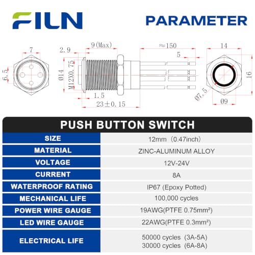 2PCS 8A 12mm Latching Push Button Switch 12V-24V DC IP67 High Head - color: White