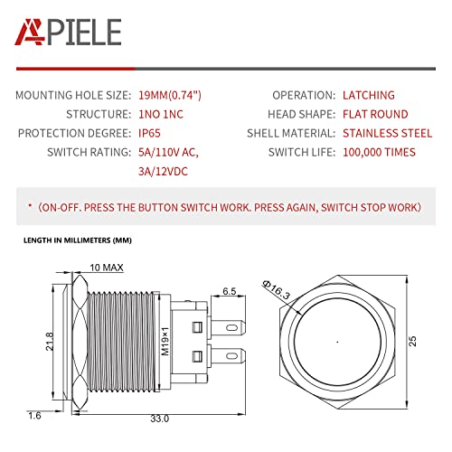 (Pack of 2) APIELE 19mm Latching Push Button Switch Waterproof Stainless Steel Metal Flat Top 12V 24V 36 DC 110V 250V AC 5A 1NO 1NC SPDT (Flat Round Latching) - style: Latching Flat Round