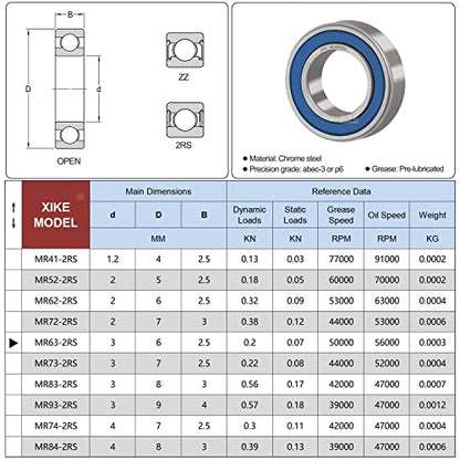 XIKE 10 Pcs MR63-2RS Bearings 3x6x2.5mm, Double Rubber Seals. - size: MR63-2RS 3x6x2.5mm