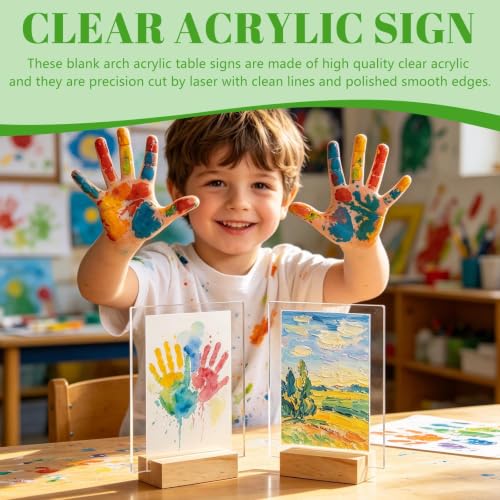 Bercoor 10 Pack 4x6 Inch Blank Clear Acrylic Sign with Wooden Stands, Rectangle Top Acrylic Sheet, DIY Acrylic Rectangle Table Numbers for DIY Name Card Gifts Event Party Sign Decoration - size: 4x6 rectangle