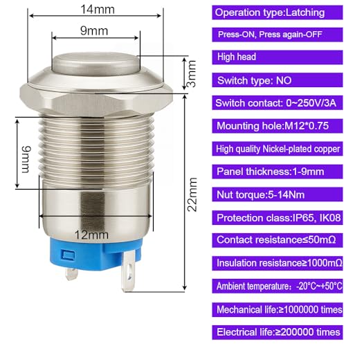 Gebildet 4pcs 12mm 3A 12V/24V/110V/250VAC Waterproof Push Button Switch Latching Nickel-Plated Copper Push Button Switch On-Off(High Head) - size: 12mm-Nickel Plated