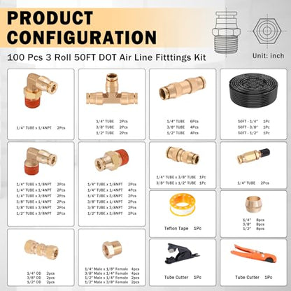 CheeMuii 100PCS Brass DOT Air Line Fittings with 3 Roll 50FT DOT Air Lines - size: 50FT-3ROLL-100PCS