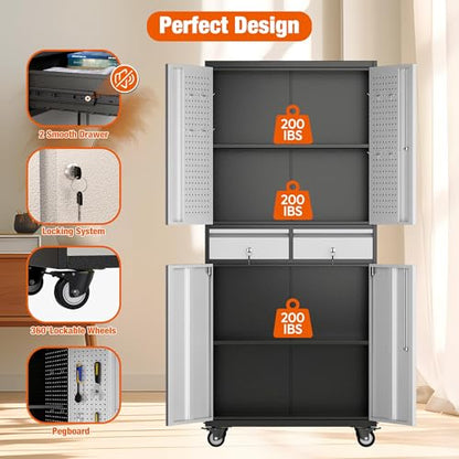 Reemoon 71" H Metal Garage Cabinet with Pegboard and 2 Drawers,Black-Silver - color: Black-silver, size: 15"D x 30.1"W x 71"H