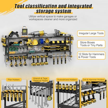 49''W Power Tool Organizer Wall Mount, 650LBS, 4 Tier, 12 Drill Holders - size: 49.4" Width 4-Tier
