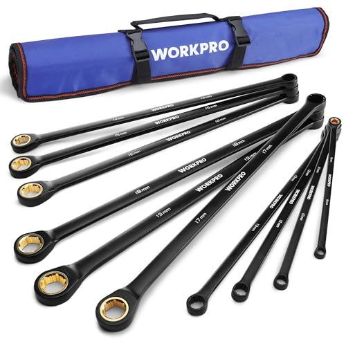 WORKPRO Extra Long Ratcheting Wrench Set, 10-Piece Anti-Slip Double Box Wrenches Set, Metric 8-19 mm, 72-Teeth, Cr-V Steel and Black Electrophoretic Coating Wrenches with Rolling Pouch - size: Metric