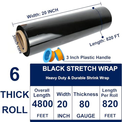 Black Stretch Wrap 20" x 820ft 80 Gauge Industrial Strength with Handle - color: Black 6 Pack