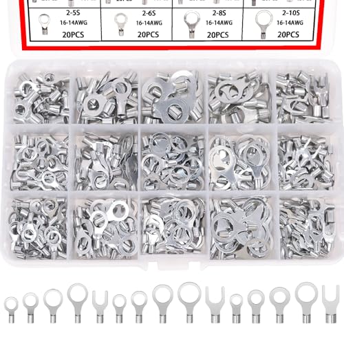 Twidec/260PCS Copper Ring Fork Terminals AWG 22-16 16-14 12-10 Non-Insulated Wire Connectors Kit Fork Ring Terminals of Tinned Red Copper Wire Crimp Connectors N-085-260PCS