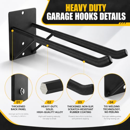 14" Large Heavy Duty Garage Hooks, Steel Garage Storage Hooks with Support Rods, Utility Wall Mount Hangers for Power Tools, Car Tires, Ladders, Chairs, Garden Tools and More (2-Pack 14" Heavy Hooks) - size: 2-Pack 14" Heavy Hooks
