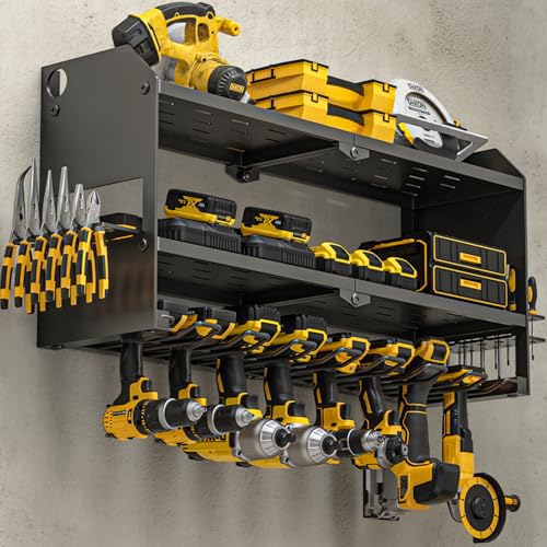 YYR Power Tool Organizer Wall Mount, Cordless Drill and Battery Holder, Electric Tools Hanger Storage Rack, Garage Organization Floating Shelf - Metal, Black - color: Black, size: without Power Strip