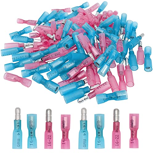 Heat Shrink Bullet Connectors,100 Pcs Female Male Butt Terminals - size: Blue+Pink - 100Pcs - AWG 22-18/16-14