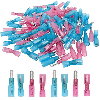 Heat Shrink Bullet Connectors,100 Pcs Female Male Butt Terminals - size: Blue+Pink - 100Pcs - AWG 22-18/16-14