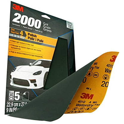 3M Wetordry™ Sandpaper, 2000 Grit, 9 in x 11 in, 5 Sheets, Use for Wet and Dry Sanding, Longer Lasting Sandpaper, Great for Auto Body Repair, Smooth Finish, Waterproof Backing for Wet Sanding (32044) - size: 9 in x 11 in