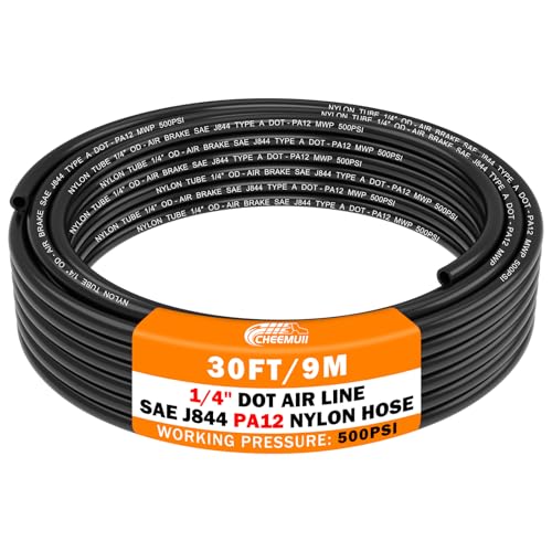 CheeMuii 30FT 1/4" DOT Air Line 1/4 Air Hose PA12 Nylon Pneumatic Tubing - color: Black, size: 1/4"OD-30FT