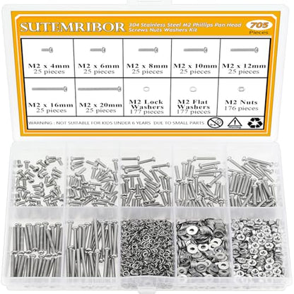 705 Pieces M2 Machine Screws Nuts Washers Set, Sutemribor M2 x 4/6/8/10/12/16/20mm Phillips Pan Head Machine Screws Nuts Washers Assortment Kit, 304 Stainless Steel, Fully Threaded - size: M2 Screws Kit, style: Phillips Pan Head