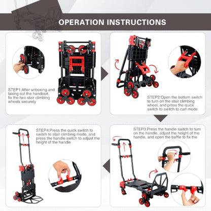 2 in 1 Foldable Stair Climbing Dolly Cart with Wheels(Red) - color: Red