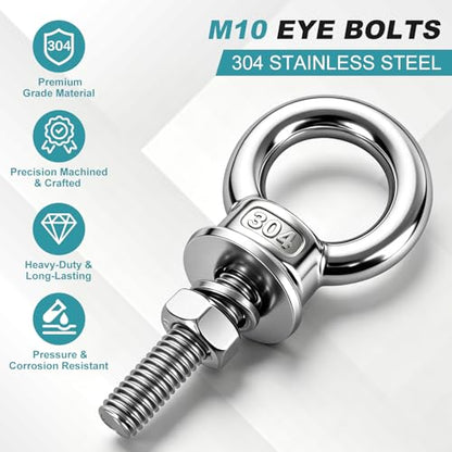 304 Stainless Steel Eye Bolt, M10x102mm (3/8"x4") Heavy Duty Eye Bolts with Nuts Washers, 2 Pack Lifting Ring Eye Bolt for Hanging String Lights Outdoor Tie Down - size: M10x102mm(3/8"x4")