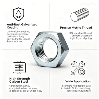 5 Sizes 22pcs Hex Nuts Assortment Kit,M10 M12 M14 M16 M18 Galvanized Metric Assorted Hardware Nuts Sets - size: M10-M18(22pcs)