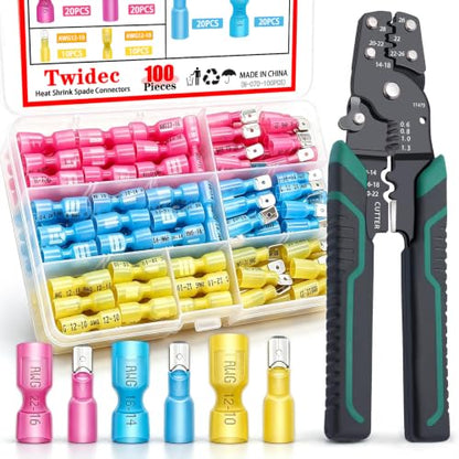 Twidec/100PCS Heat Shrink Spade Connectors Kit 22-10 AWG Female and Male Spade Terminlas Quick Disconnect Connectors Fully Insulated for Automotive Marine and Wire Crimper Tool with Stripper Cutter - color: 100PCS+Crimper Tool